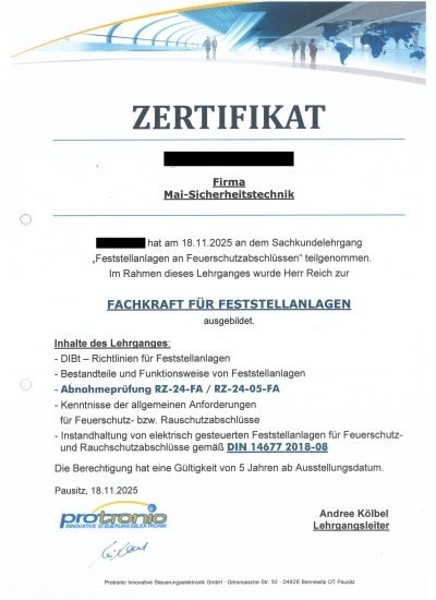 Fachkraft für Feststellanlagen