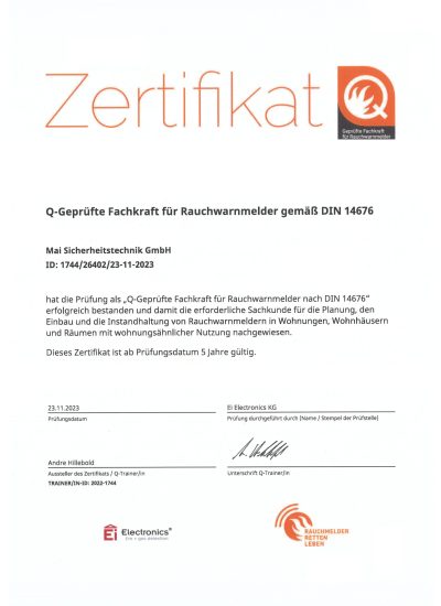 Fachkraft für Rauchwarnmelder nach DIN 14676-1